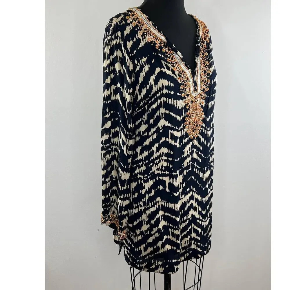 Soft Surroundings Navy Tan Split Embellished V-Neck Akira Tunic Size M ?